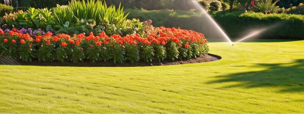 Irrigation Zone Splitting: The Key to a Healthy Vancouver Landscape A lush, green lawn and vibrant flower beds being watered by an efficient irrigation system with separate zones.