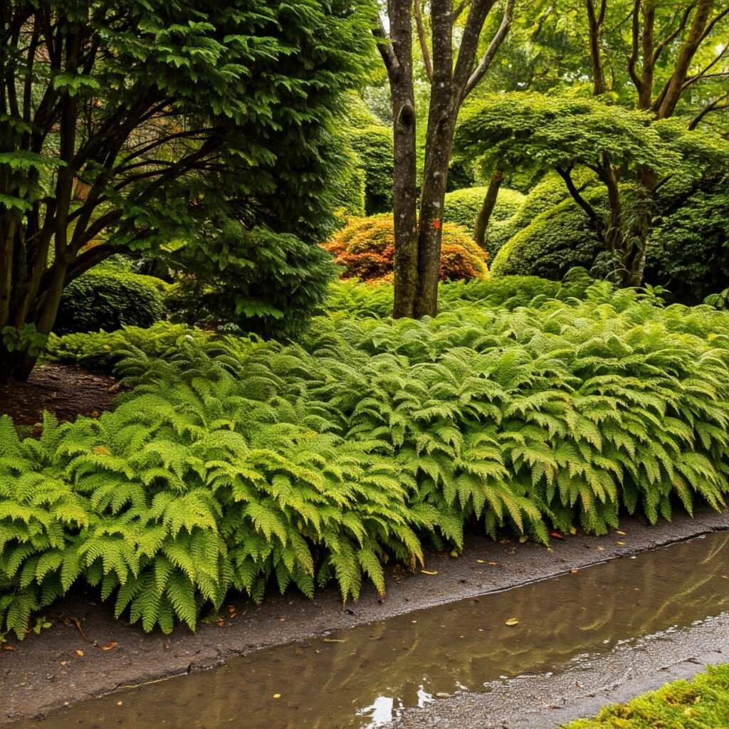 Improper Irrigation: Flooded Ferns in Vancouver Garden Flooded ferns in a Vancouver garden due to mixed lawn and garden irrigation zones.