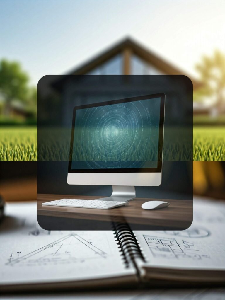 Irrigation Design: Tailored for Your Landscape A computer with a irrigation design on the screen sits on a desk with irrigation plans and a notebook. A house with green grass is blurred in the background