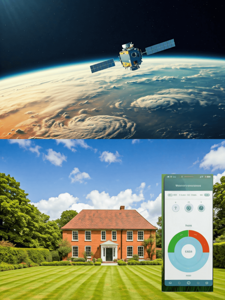 Smart Irrigation: Water Smarter A satellite orbits Earth, overlooking a lush green lawn in front of a brick house. A smartphone displays a watering schedule app