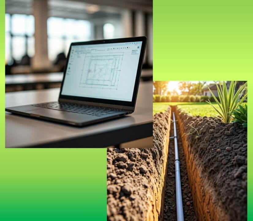 West Vancouver Irrigation Installation: Precision Planning & Expert Execution A laptop displaying a detailed irrigation system design plan, with a close-up of an irrigation pipe being installed in a lush green lawn.