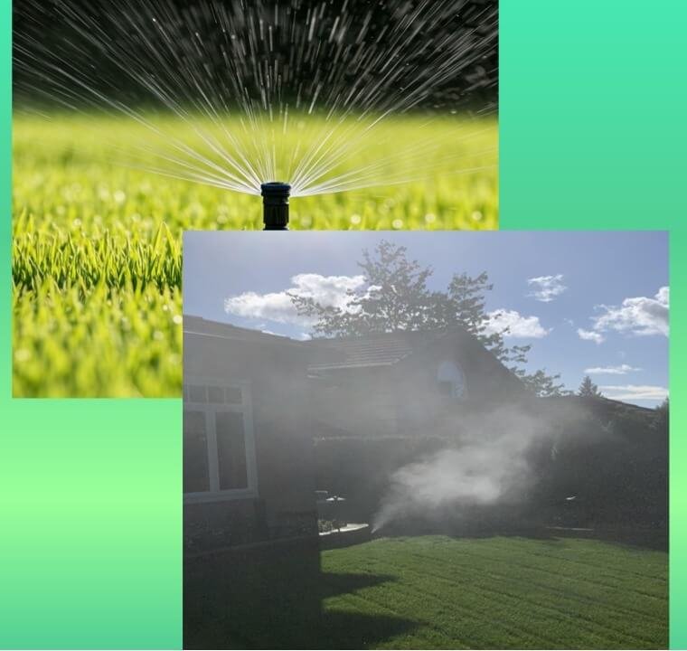 West Vancouver Irrigation Maintenance Close-up of a sprinkler head spraying water onto a lush green lawn. A misting sprinkler system creating a fine spray of water on a sunny lawn in West Vancouver.