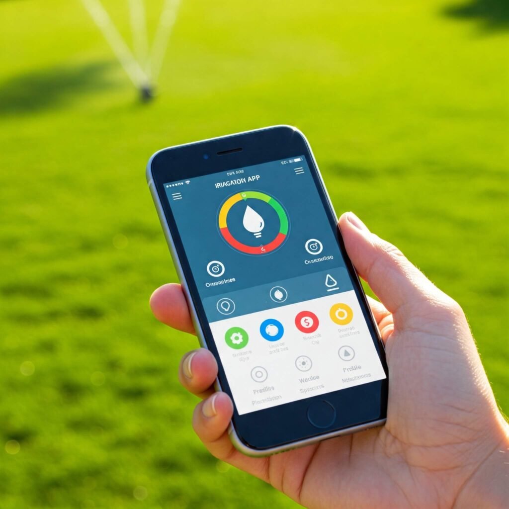 Update Your Controller Settings: Optimize Watering Schedule Hand holding a smartphone displaying an irrigation app with settings for scheduling and adjusting sprinkler system, with a sprinkler watering in the background.