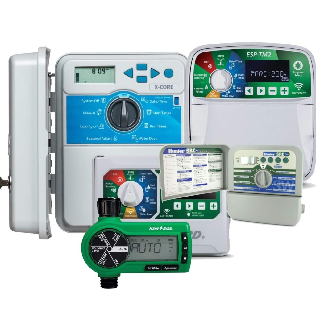 Activate Your Sprinkler System After Winter and Monitor Performance Sprinkler system timers and controllers collage.