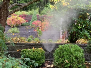 A garden scene with a sprinkler misting in the foreground, tiered stone retaining walls and stairs in the background, and shrubs displaying a mix of green and autumn colors.