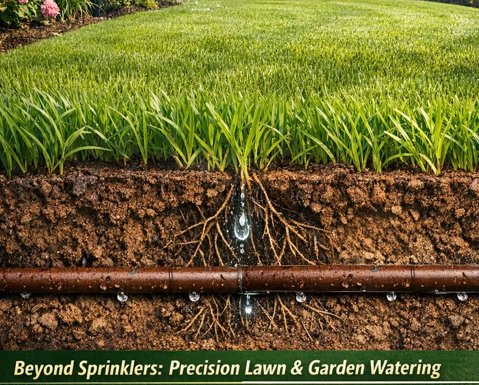 Subsurface drip irrigation installation for a North Vancouver lawn showing underground emitters watering grass roots.