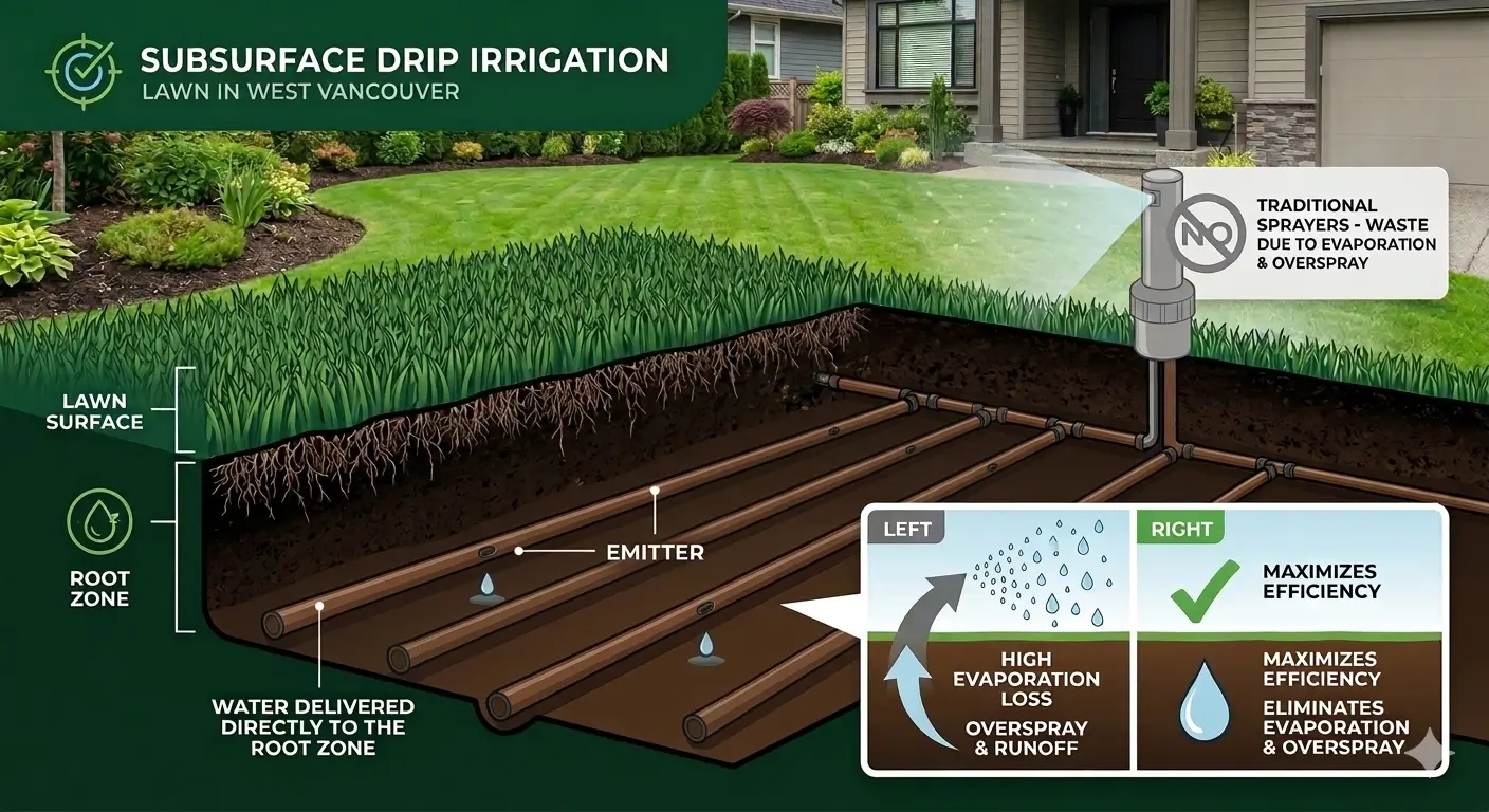 A technical diagram showing a cutaway of subsurface drip irrigation tubing watering grass roots, set in a North Vancouver residential neighborhood.
