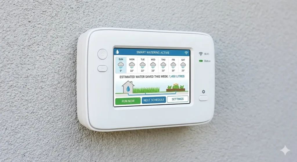 A contemporary sleek white Wi-Fi enabled irrigation controller with a touch screen mounted on a light grey textured stucco wall.