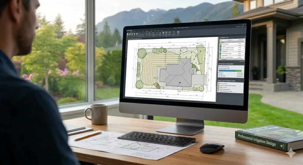 A professional photograph of a West Vancouver design studio desk with a large computer screen displaying specialized landscape irrigation design software showing a top-down plan