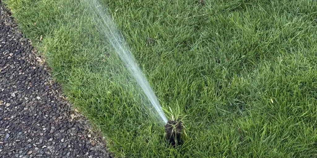 A pop-up sprinkler head watering a green lawn near a driveway in a Metro Vancouver residential yard.