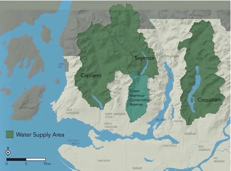 Map of Metro Vancouver water supply areas highlighting the Capilano, Seymour, and Coquitlam watersheds and reservoirs.