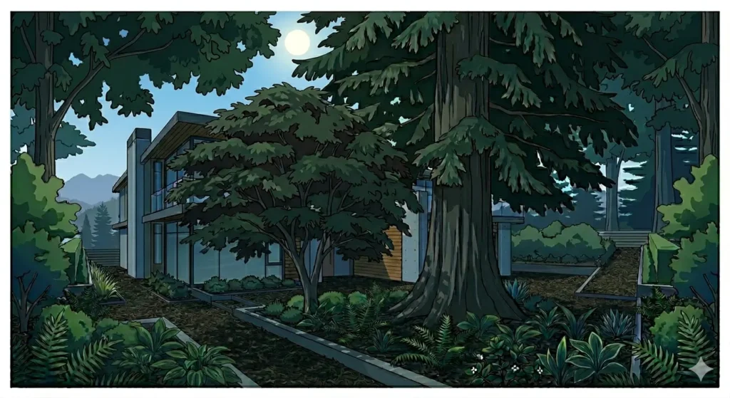 An architectural schematic illustration of a modern West Coast house in Vancouver, displaying full shade conditions with a high noon sun blocked by a massive native Western Red Cedar tree and thick building structure over a yard of ferns and hostas.