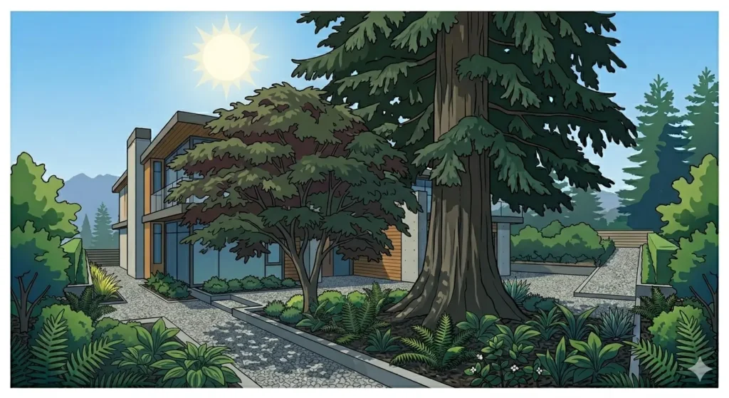 An architectural schematic illustration of a modern West Coast house in Vancouver, featuring partial sun and shade conditions with afternoon sunlight filtering through a large native Western Red Cedar tree onto garden beds.