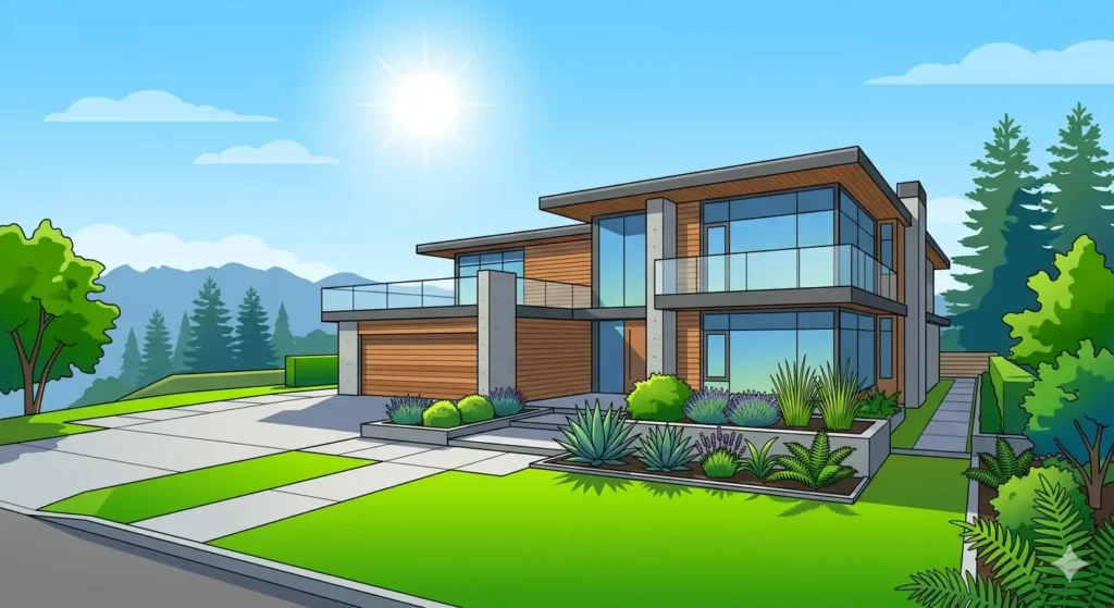 An architectural schematic illustration of a modern West Coast house under a bright, high noon sun, showing full sun exposure on a green lawn and open landscaping beds filled with ornamental grasses and shrubs.