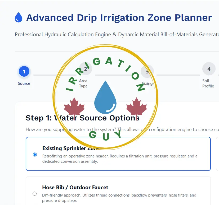 Advanced Drip Irrigation Zone Planner web application tool by Irrigation Guy, displaying step one for water source options with options for an existing sprinkler zone or hose bib outdoor faucet.