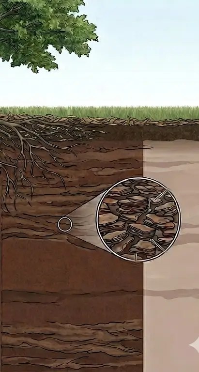 An architectural schematic diagram showing a cross-section of dense clay soil with a magnifying lens highlighting tightly packed, flat microscopic platelets that restrict water drainage and compress plant roots.