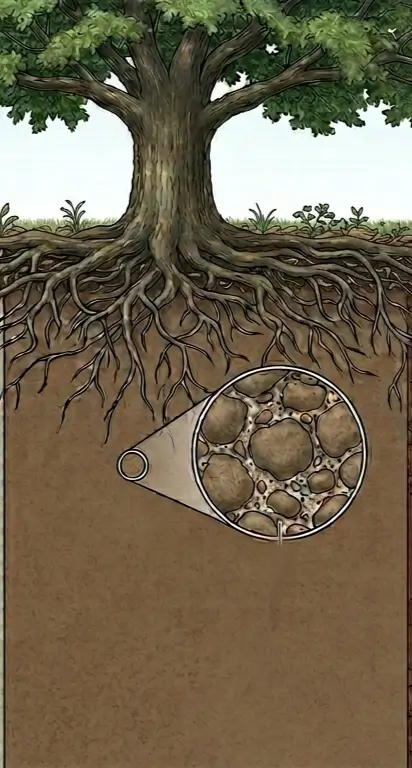 schematic diagram showing a cross-section of loam soil with a magnifying lens highlighting a balanced mixture of sand, silt, and clay particles holding moisture around a mature tree's root system.