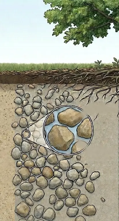 An architectural schematic diagram showing a cross-section of sandy soil with a magnifying lens highlighting large soil particles, rapid water drainage, and plant roots extending through a loose, gravelly subsurface layer.